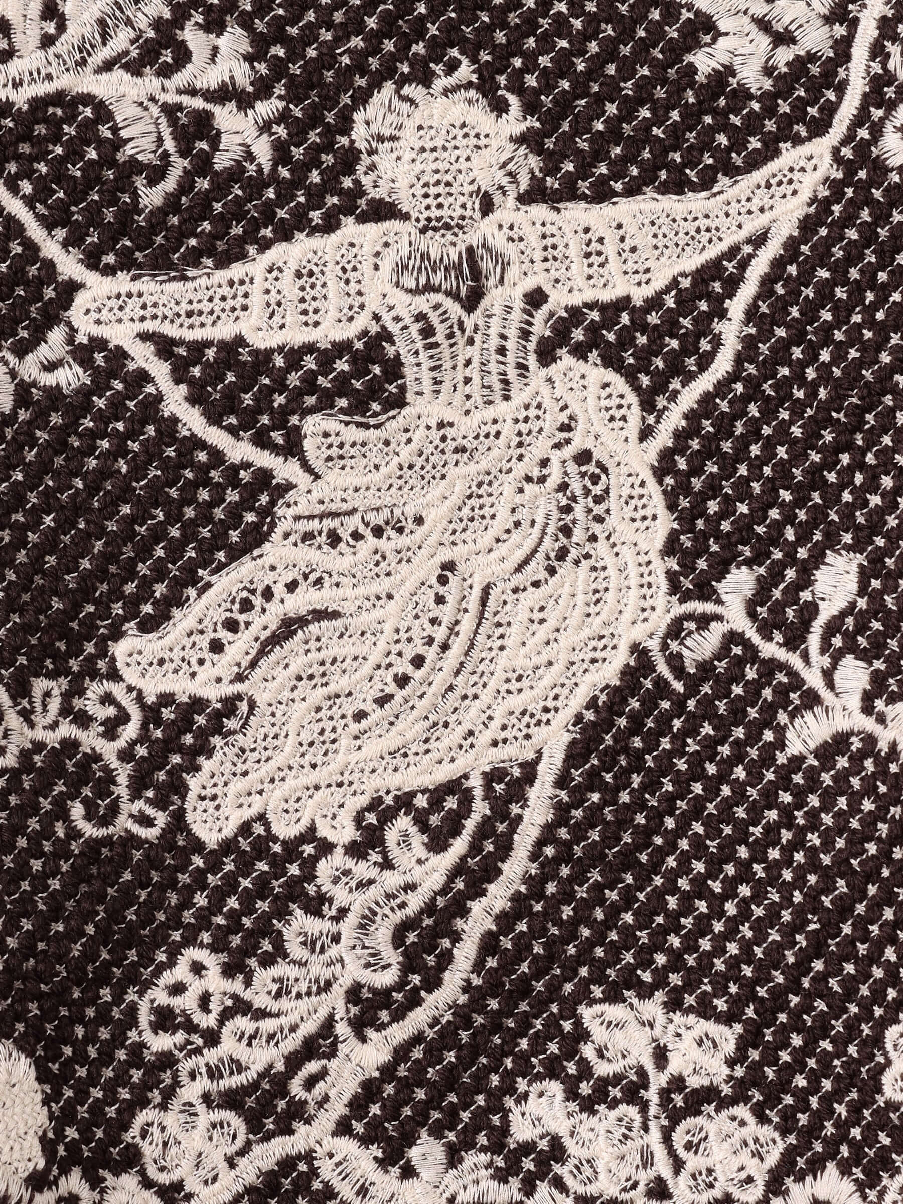 A close-up of the intricate white embroidery on the brown wool knit, showing a lace-inspired design of florals and a girl swinging on a swing.