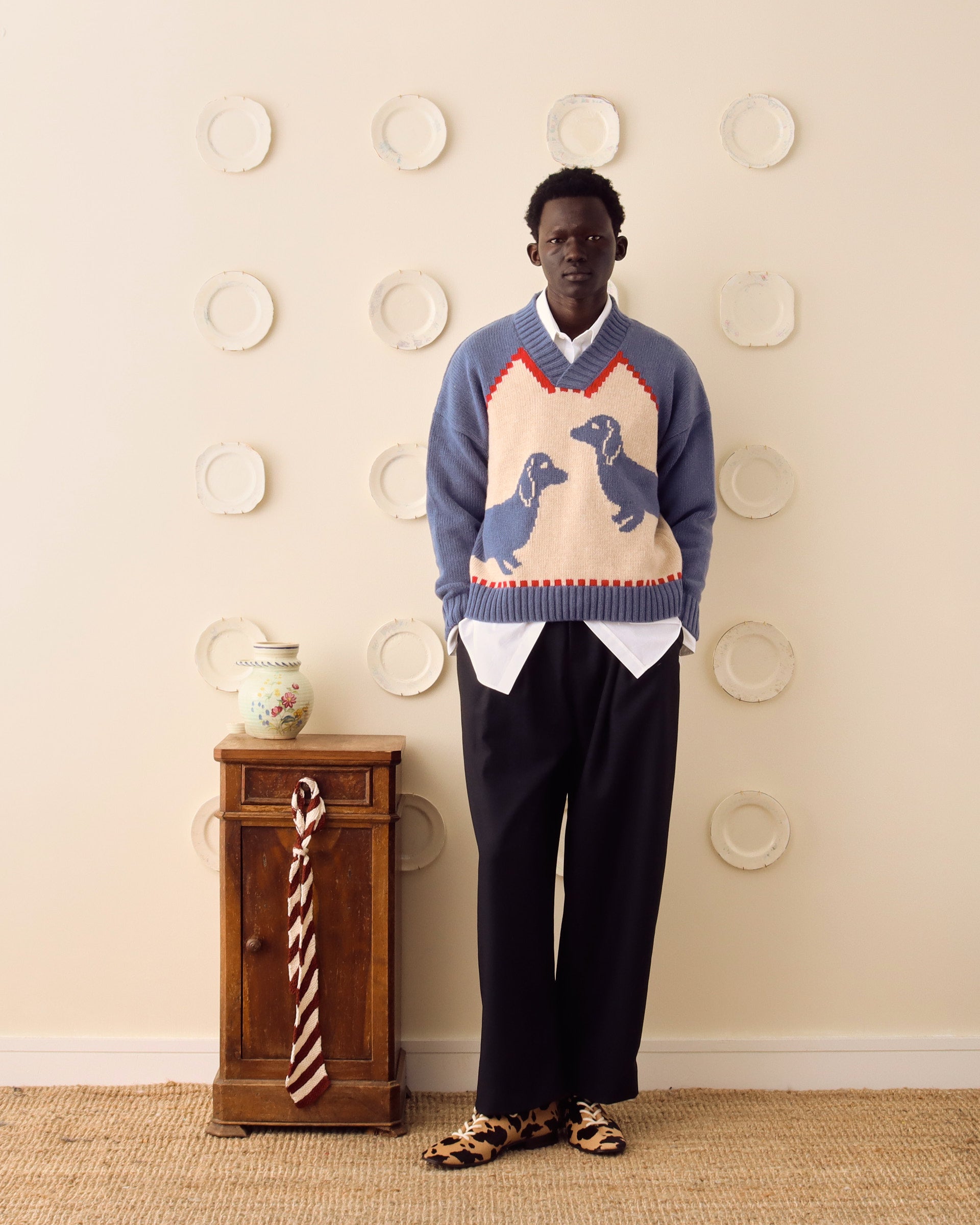 'Harold' V-Neck Sweater - Blue/Ecru - Archival Sale