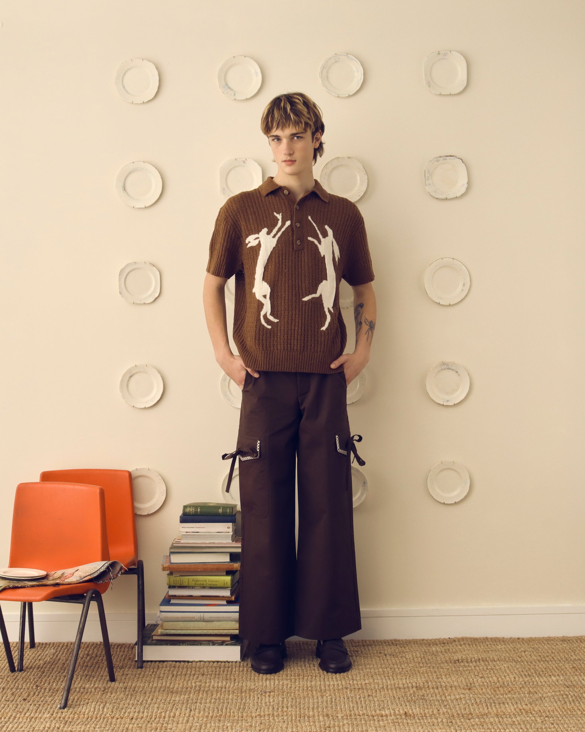 Delius Hare Knitted Polo - Coffee & Ecru