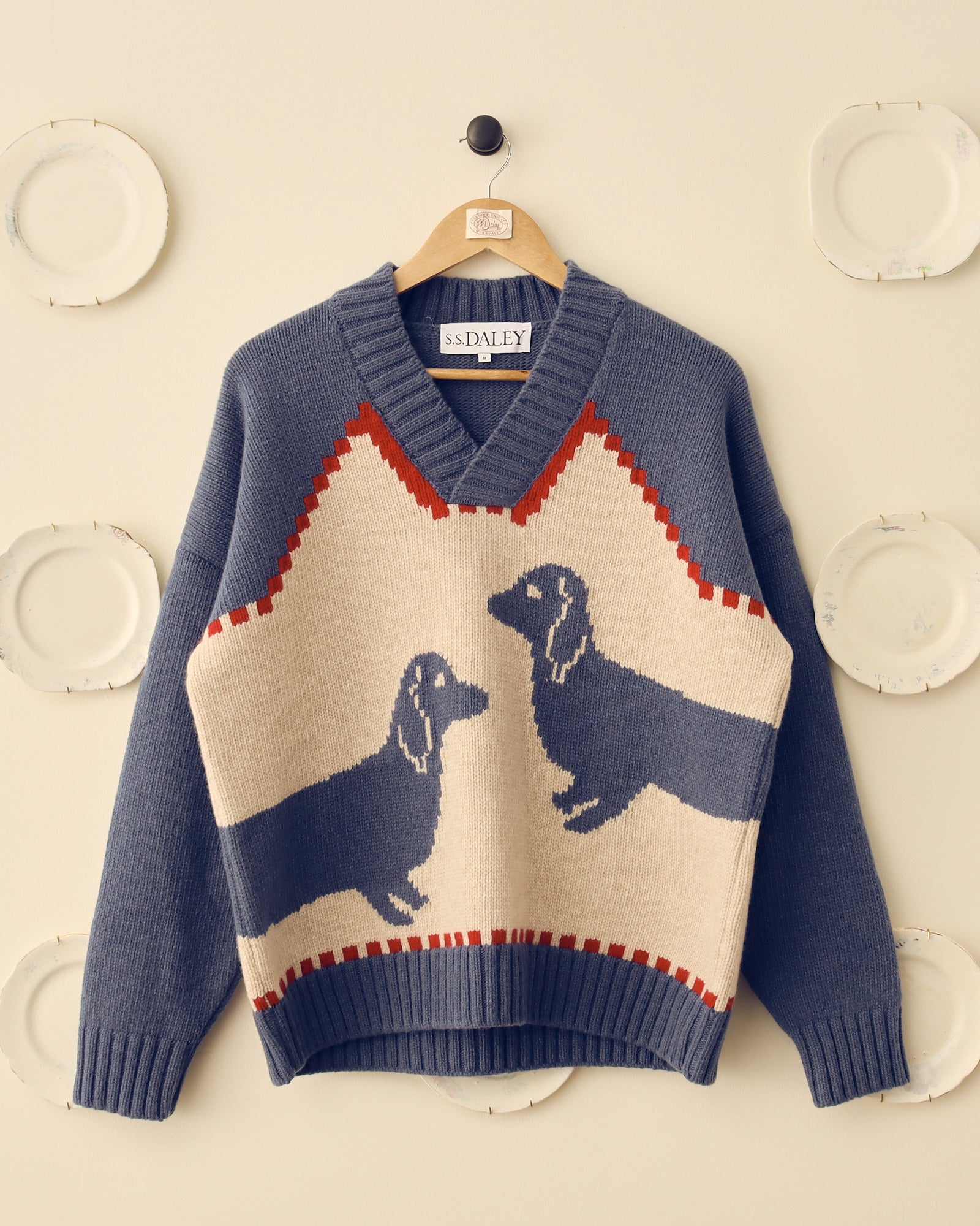 'Harold' V-Neck Sweater - Blue/Ecru