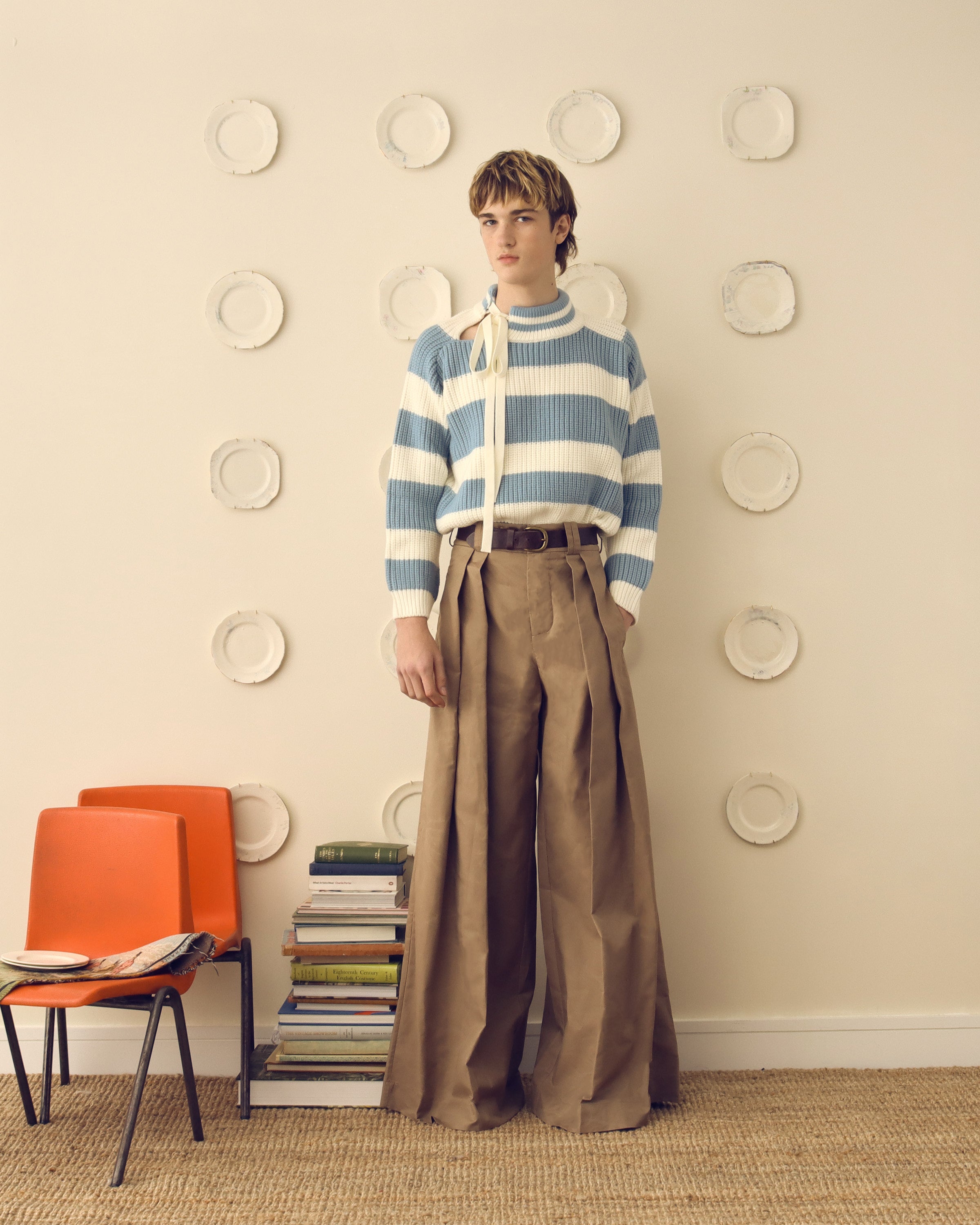 'Lawrence' Slash Crewneck Sweater - Powder Blue & Ecru - Archival Sale