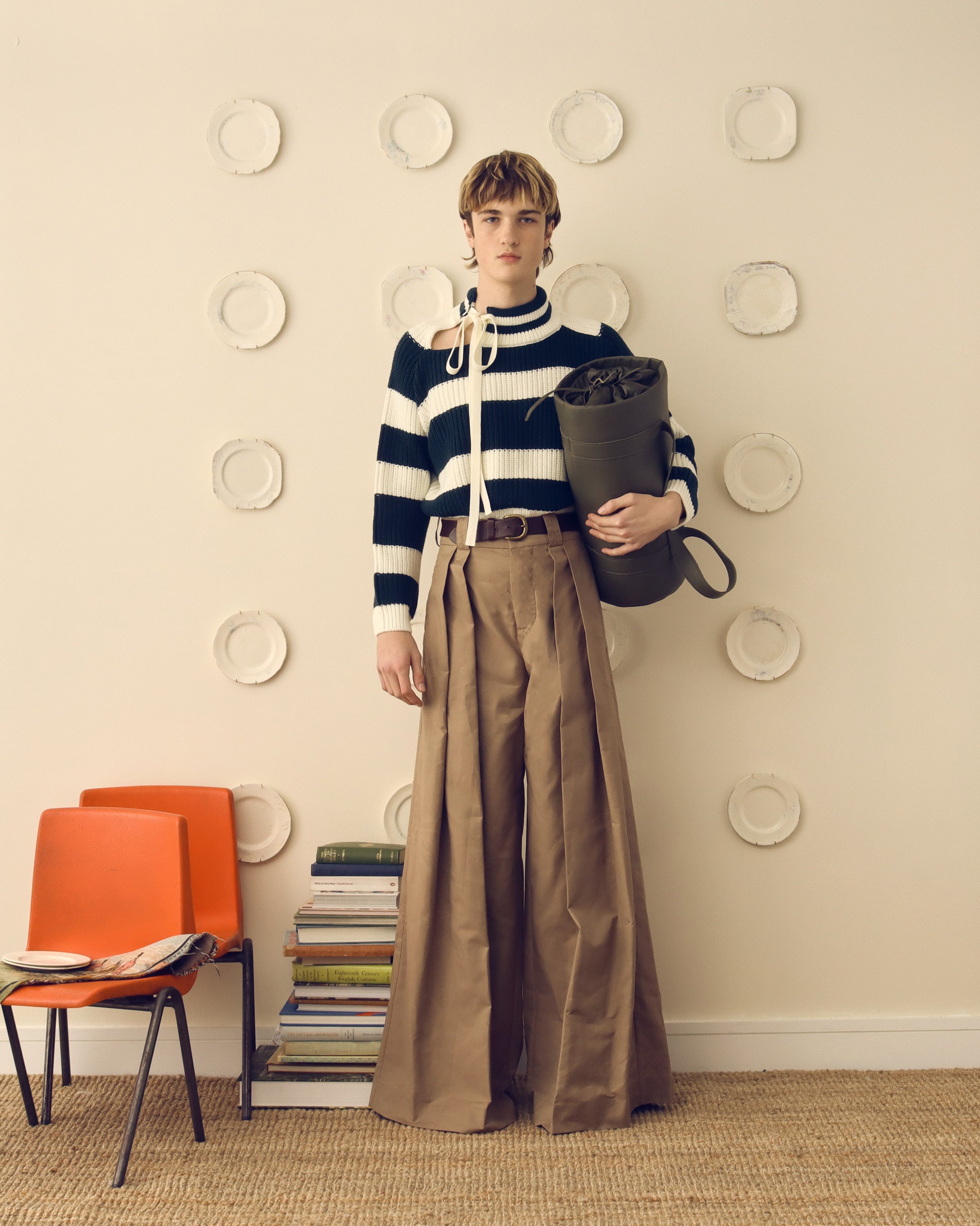 'Lawrence' Slash Neck Crewneck Sweater - Green & Ecru - Archival Sale