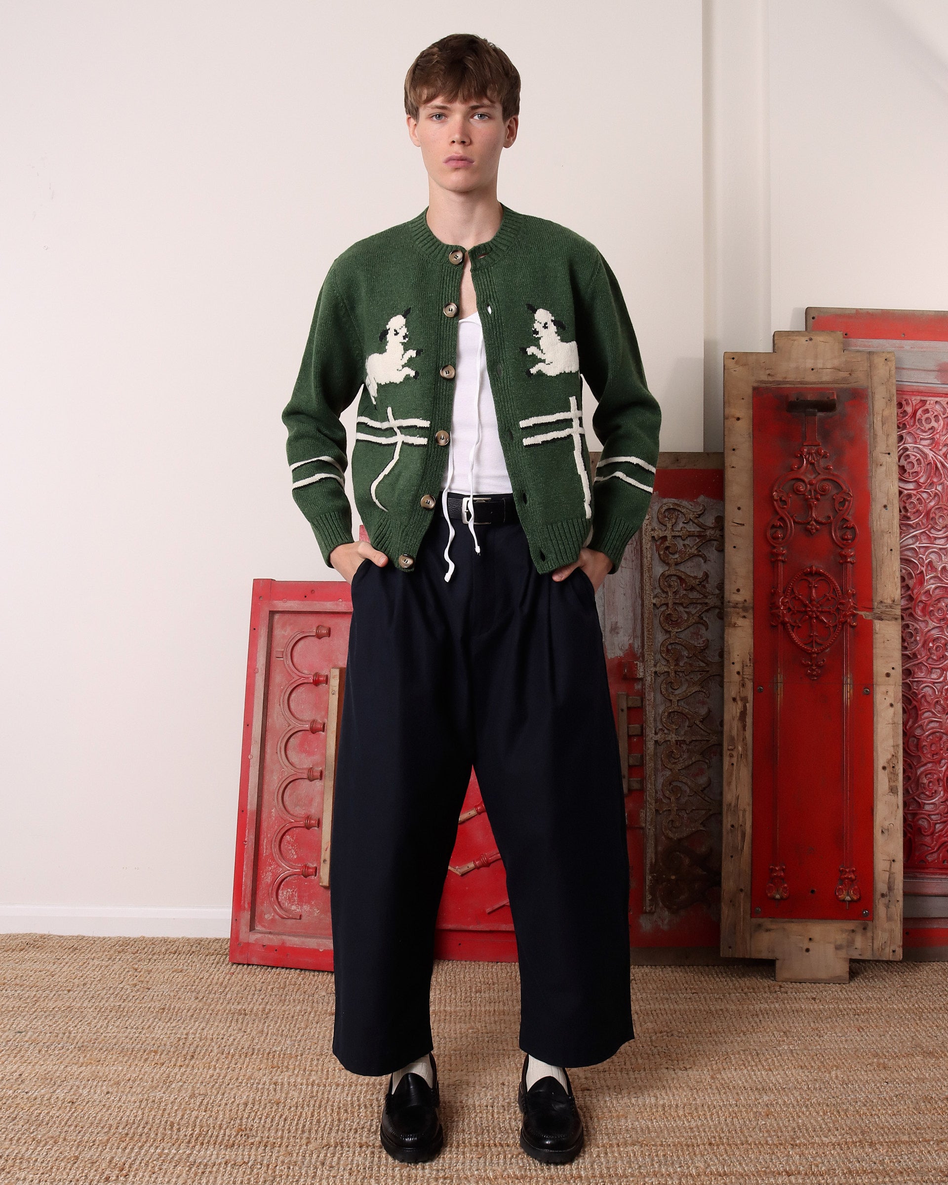 Cyril' Lamb Motif Cardigan - Green