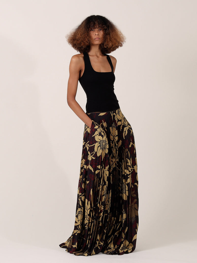 Edith Pleated Skirt — Brown Floral