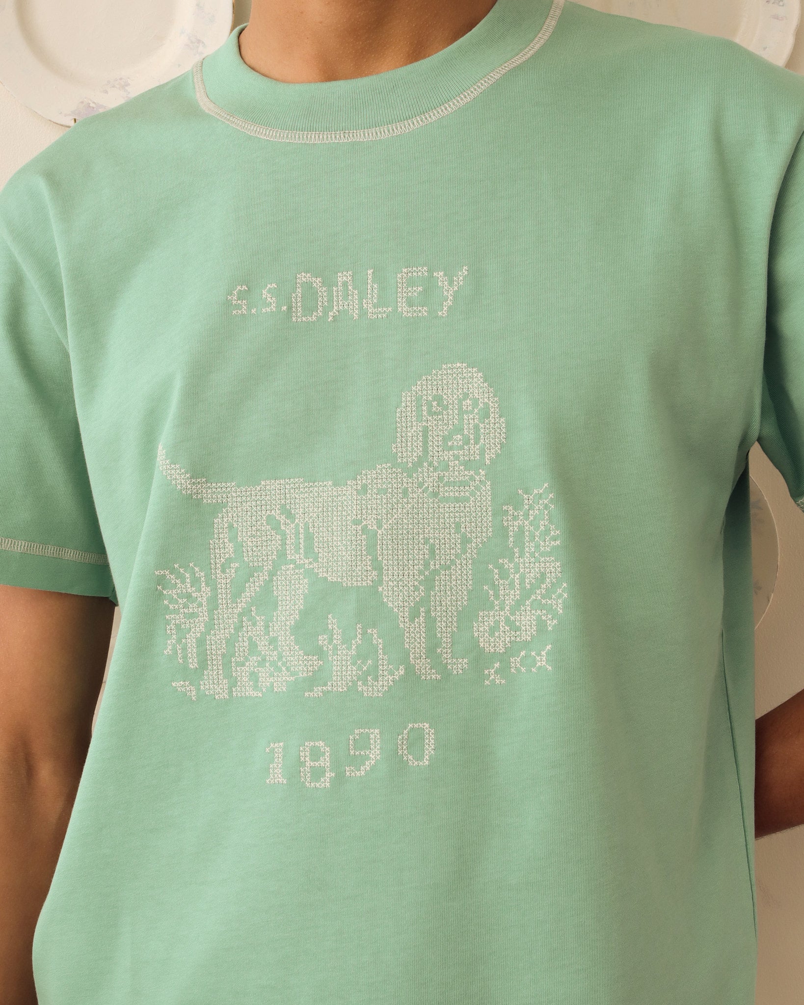 'Basil' Cross-stitch T-Shirt - Sage - Archival Sale