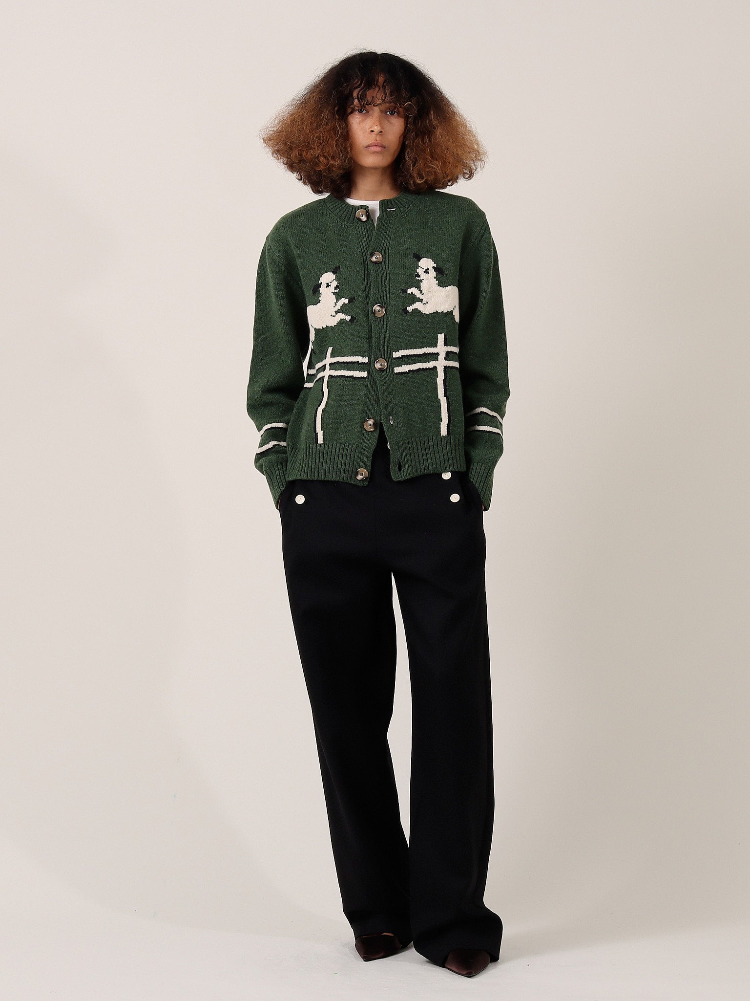 Cyril' Lamb Motif Cardigan - Green