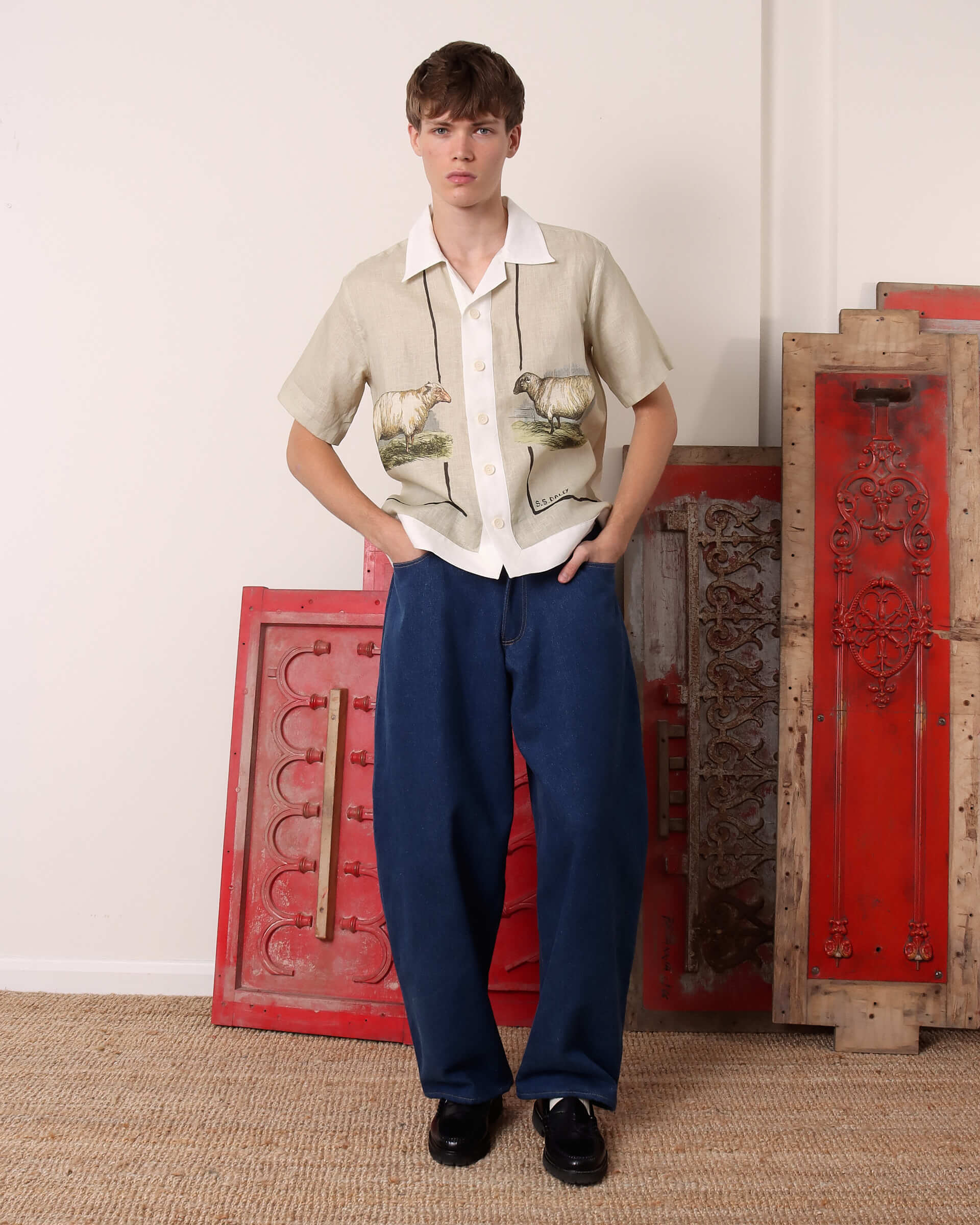 A model wears the 'Lancashire' Sheep Shirt.