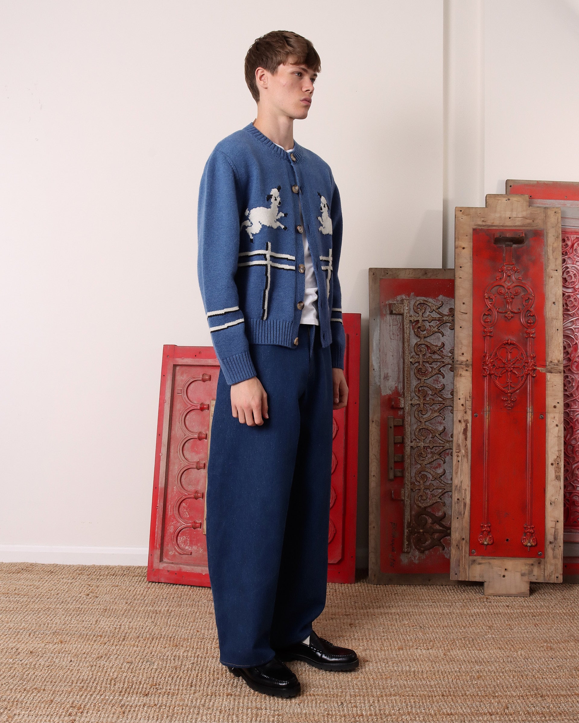 Cyril' Lamb Motif Cardigan - Blue