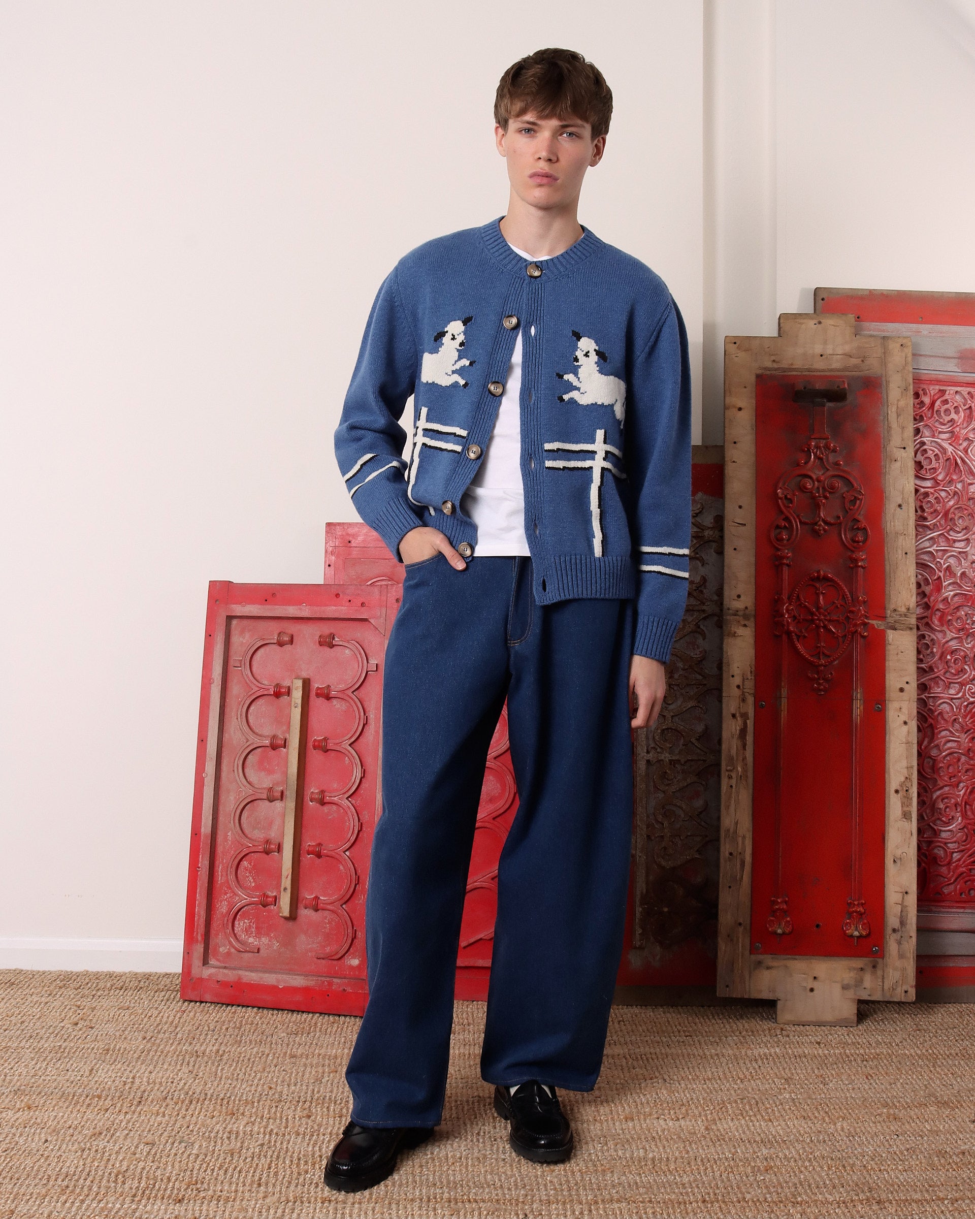 Cyril' Lamb Motif Cardigan - Blue