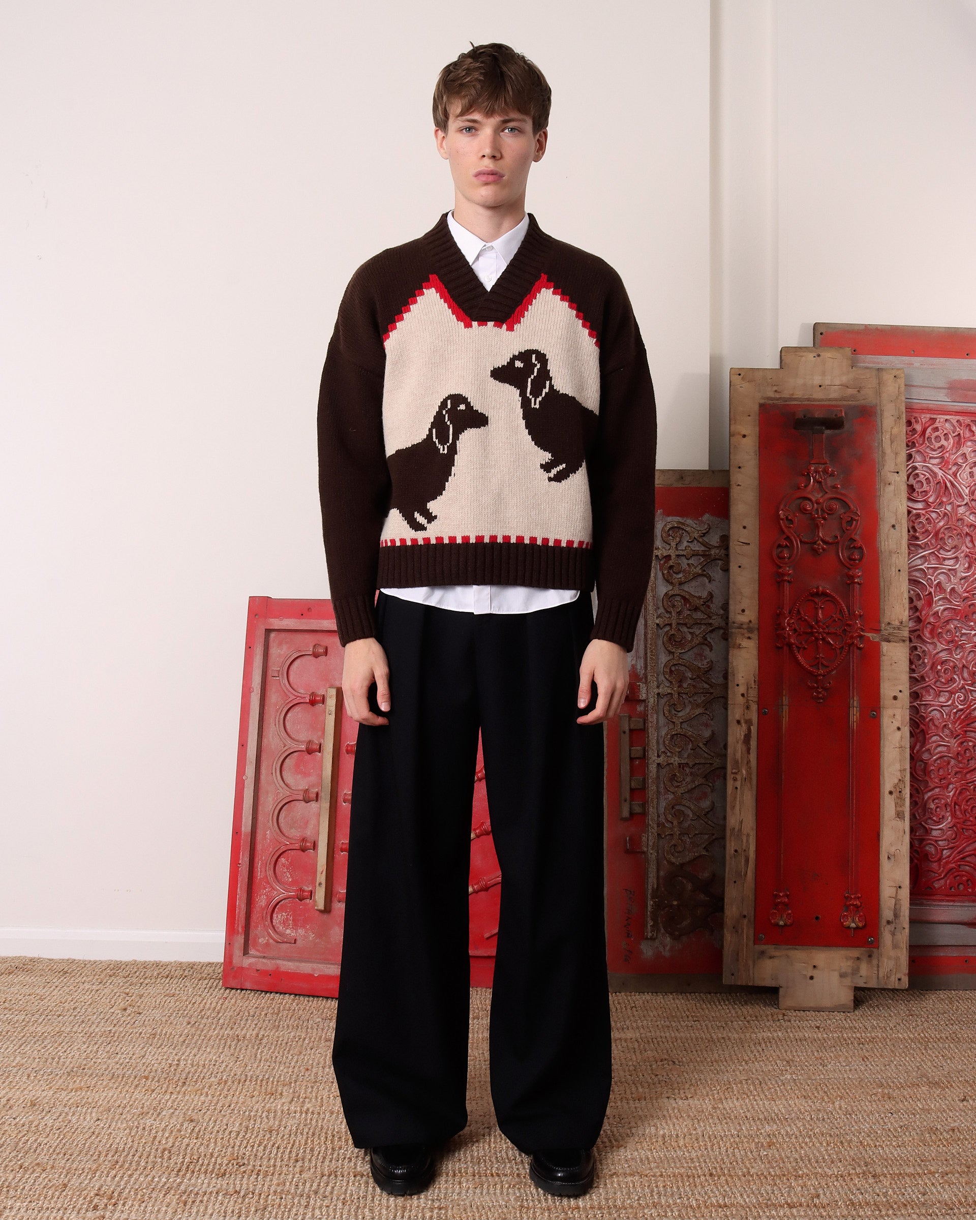 Harold' V-Neck Sweater - Brown/Ecru