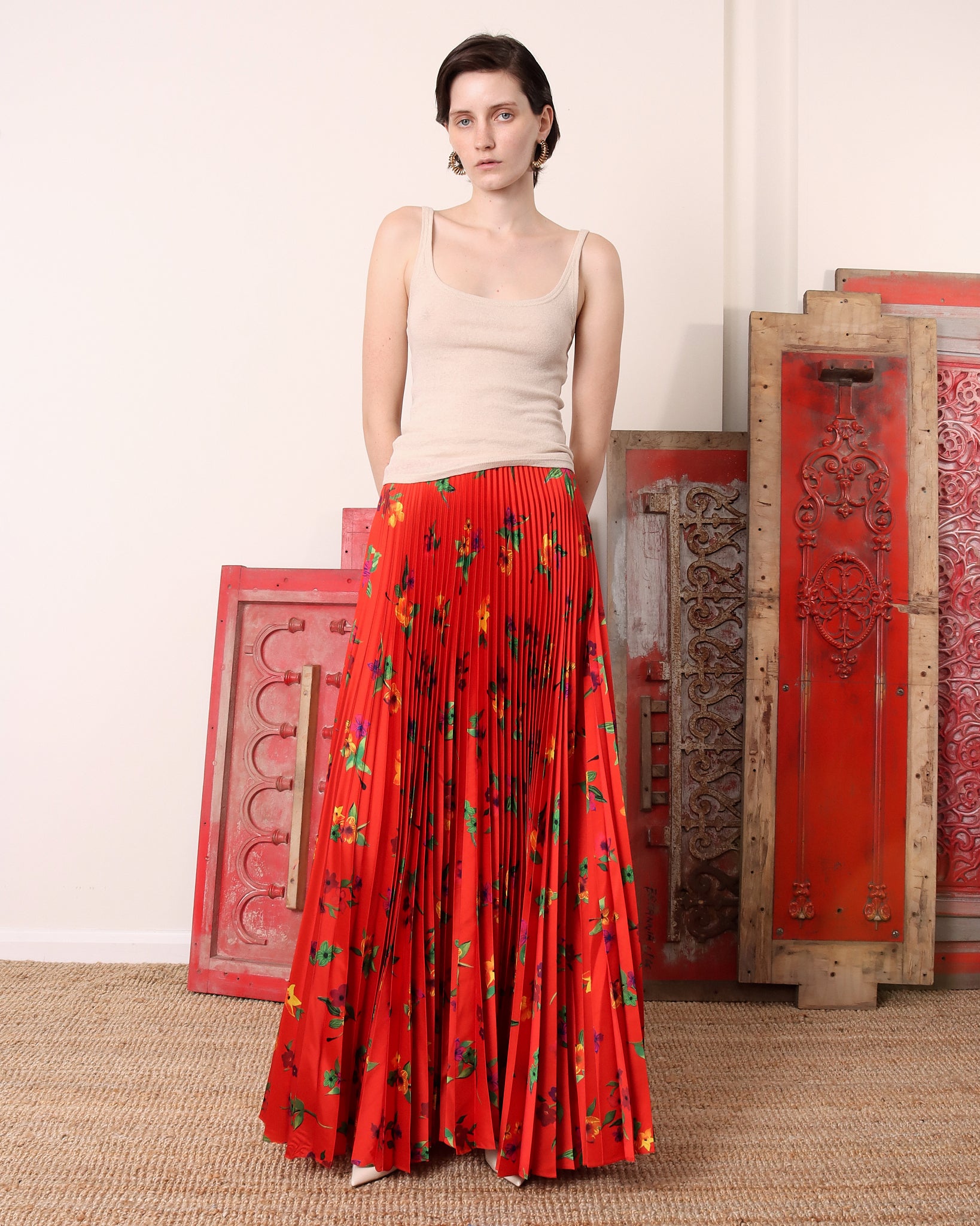 'Kate' Red Floral Pleated Skirt