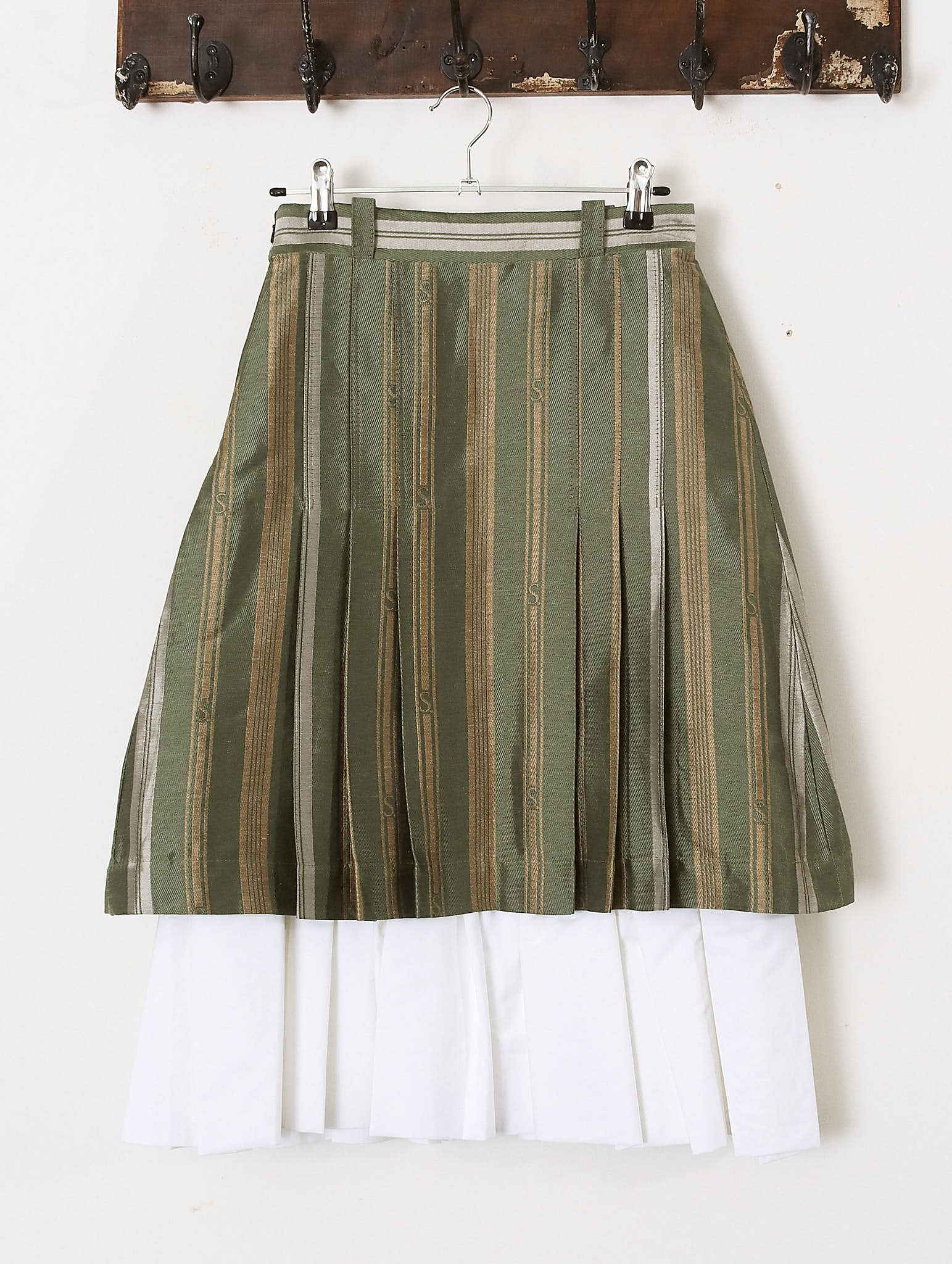 'Evana' Pleated Midi Skirt - Green Striped - Archival Sale