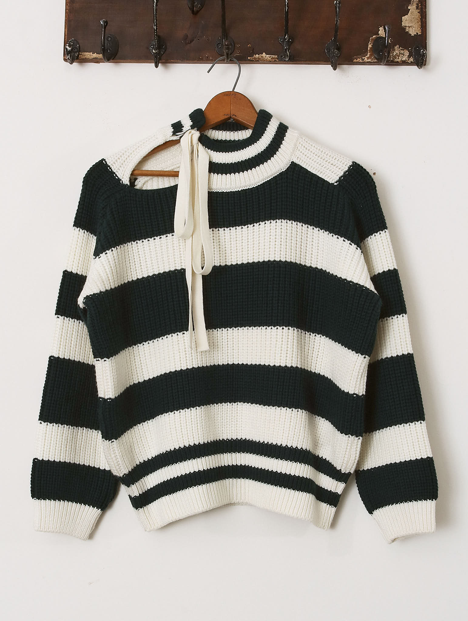 'Lawrence' Slash Neck Crewneck Sweater - Green & Ecru - Archival Sale