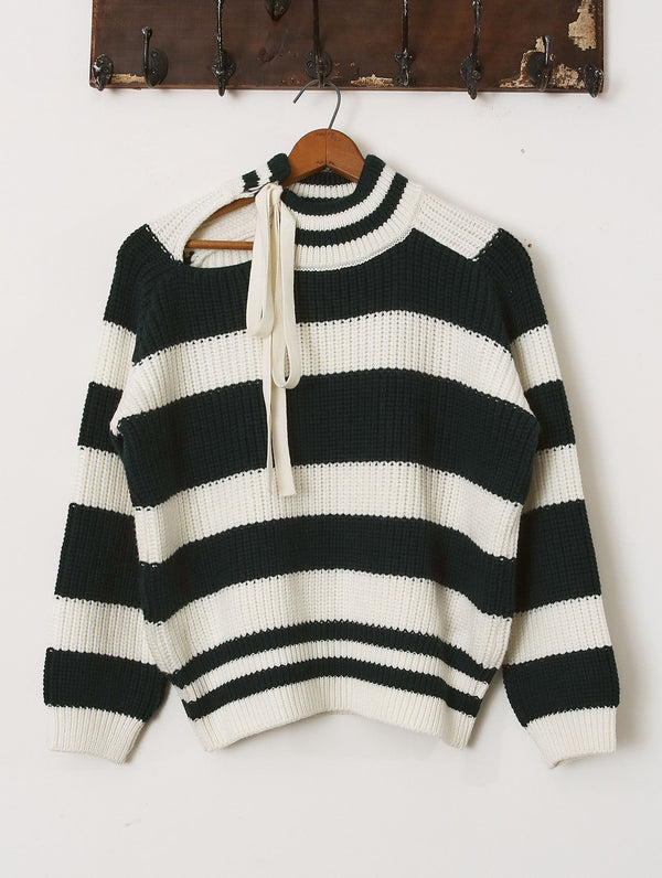 'Lawrence' Slash Neck Crewneck Sweater - Green & Ecru - Archival Sale