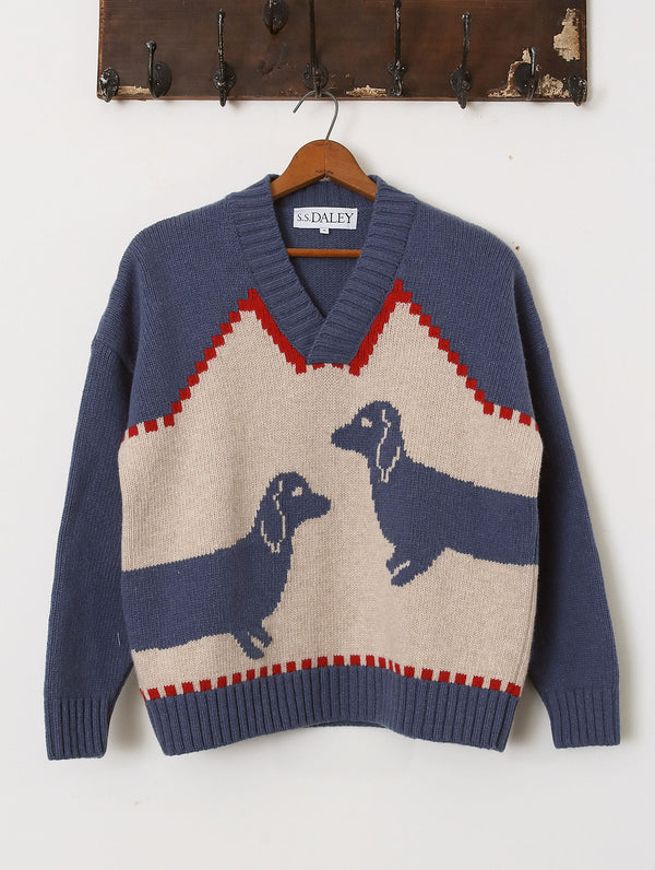 'Harold' V-Neck Sweater - Blue/Ecru - Archival Sale