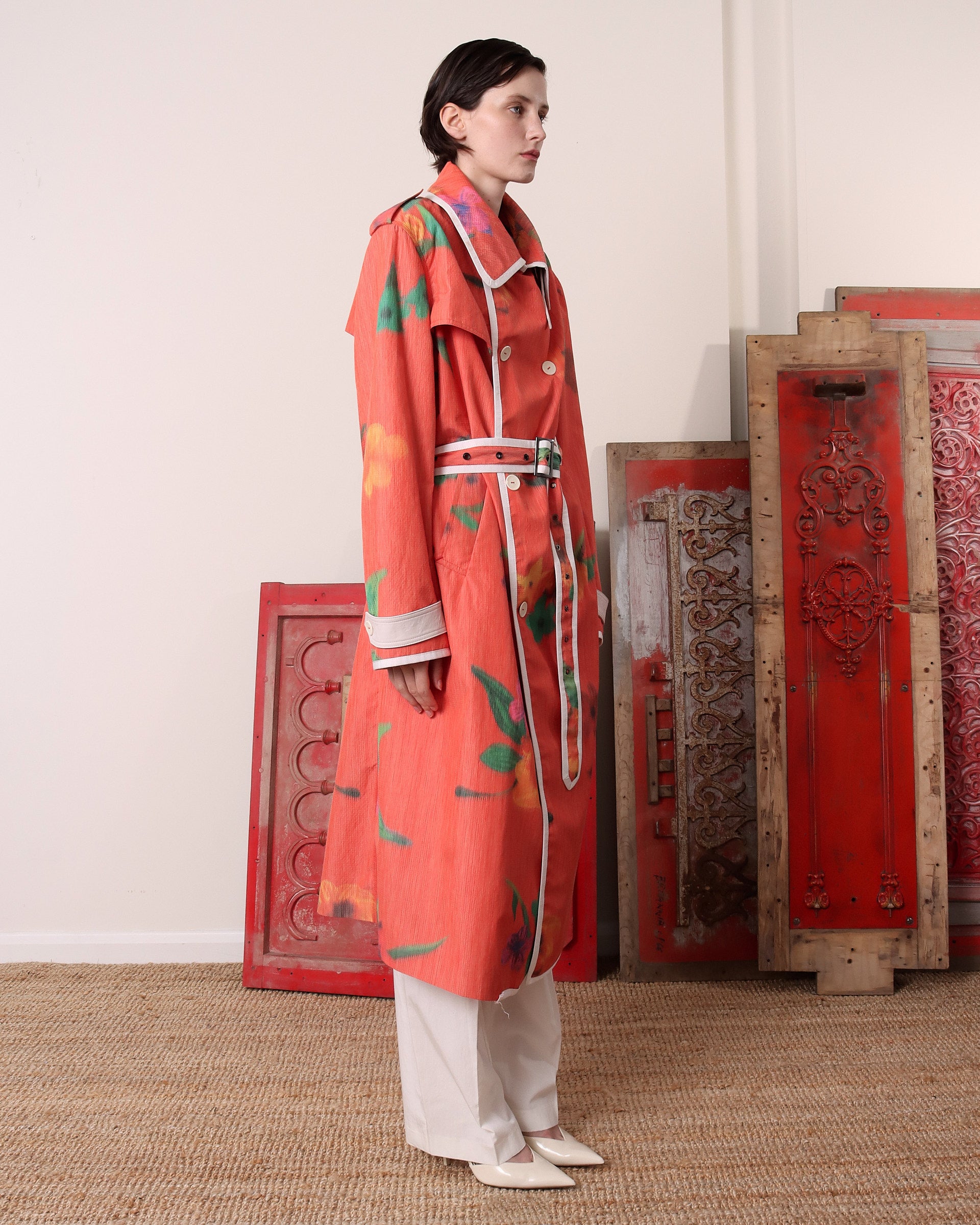A model shows the side of the 'Sophia' Trench in floral.