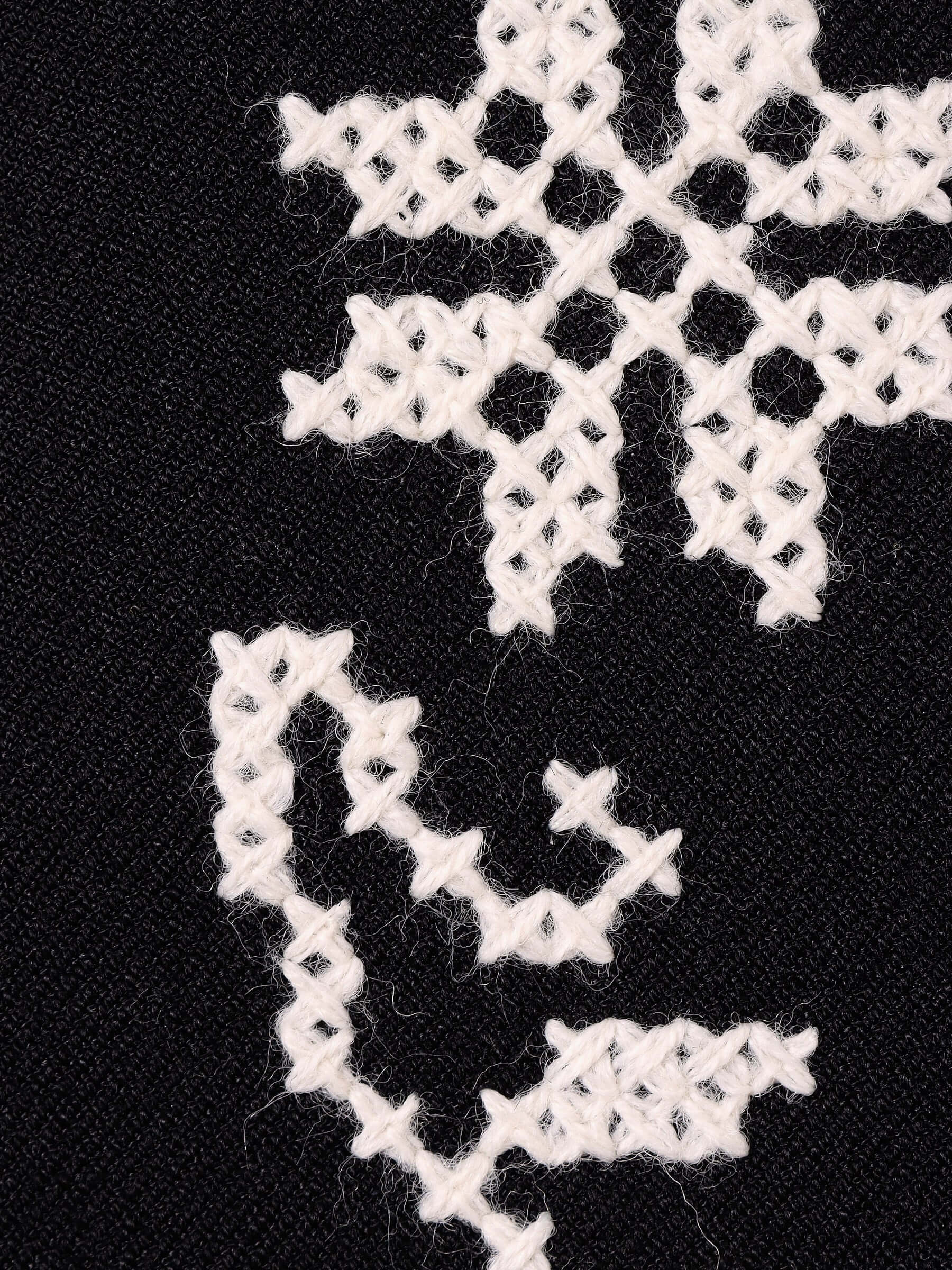 A close-up of the white floral embroidery featured on the black wool jacket.