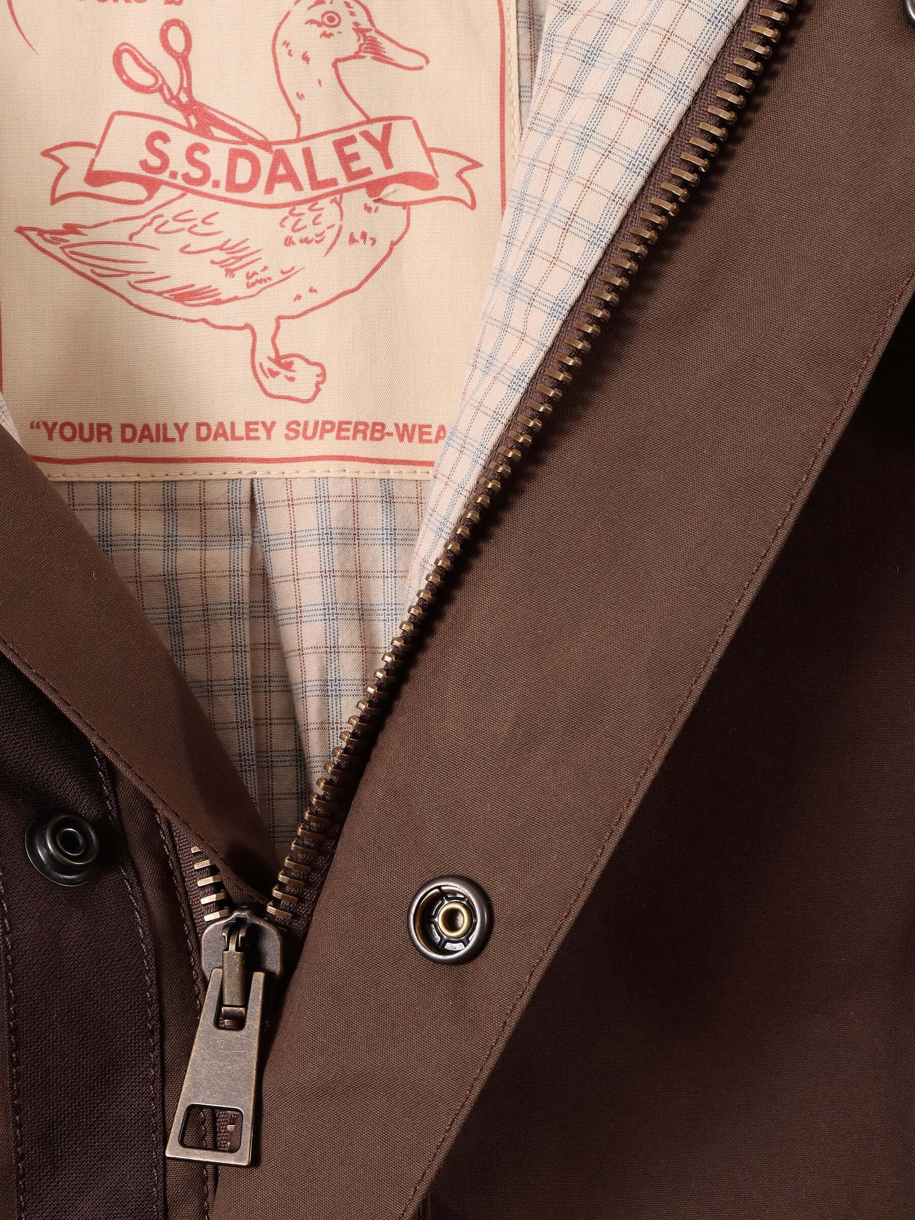 Close-up of the waxed blouson jacket showing the snap-close brass buttons, as well as the brass zip and S.S.DALEY duck logo on the check patterned inner lining.