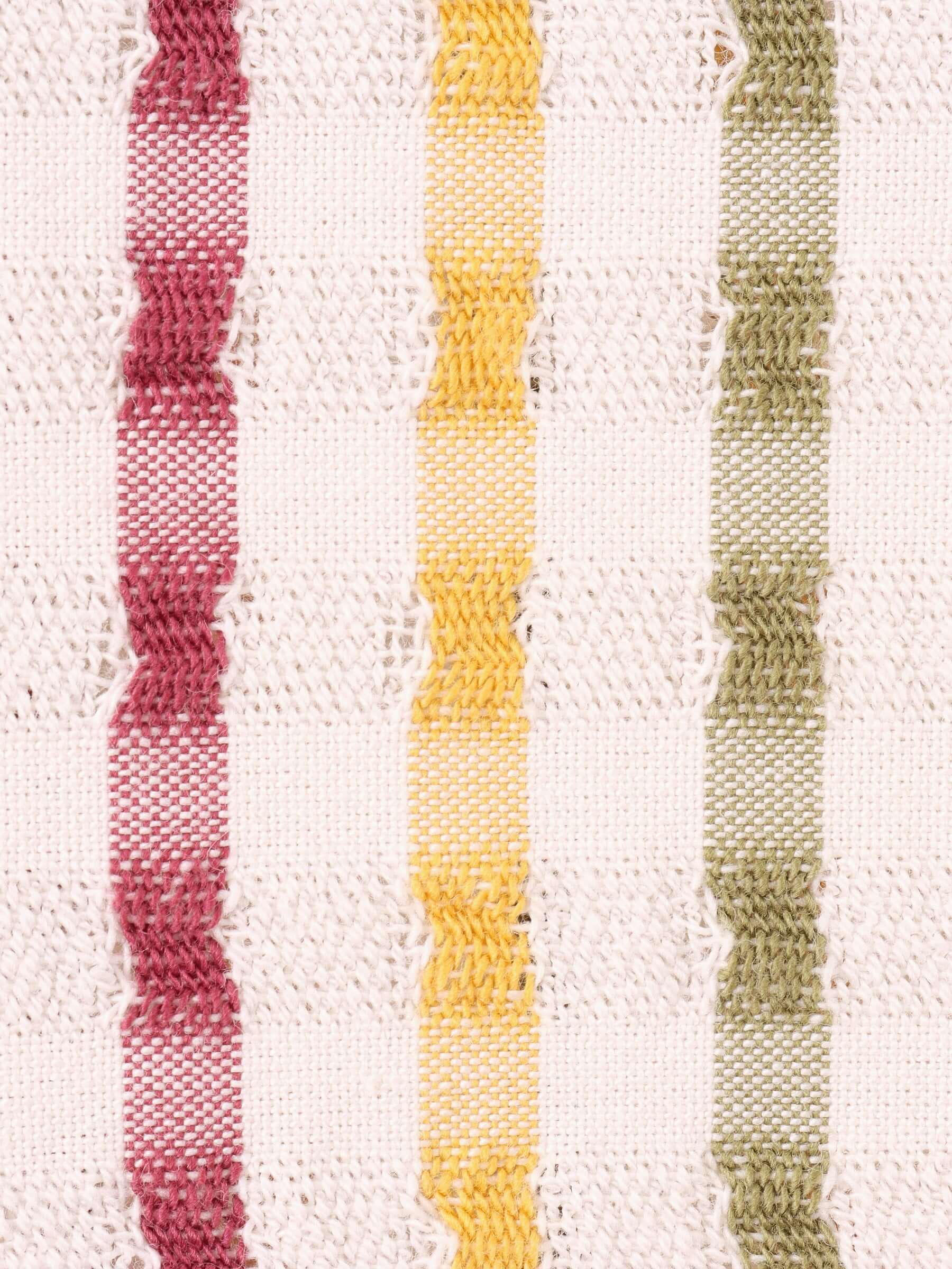 A close up of the alternating woven stripes of yellow, purple, orange and green.